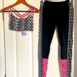 NWT Onzie Black Diamonds Matching Leggings Sports Bra Top M/L Pink